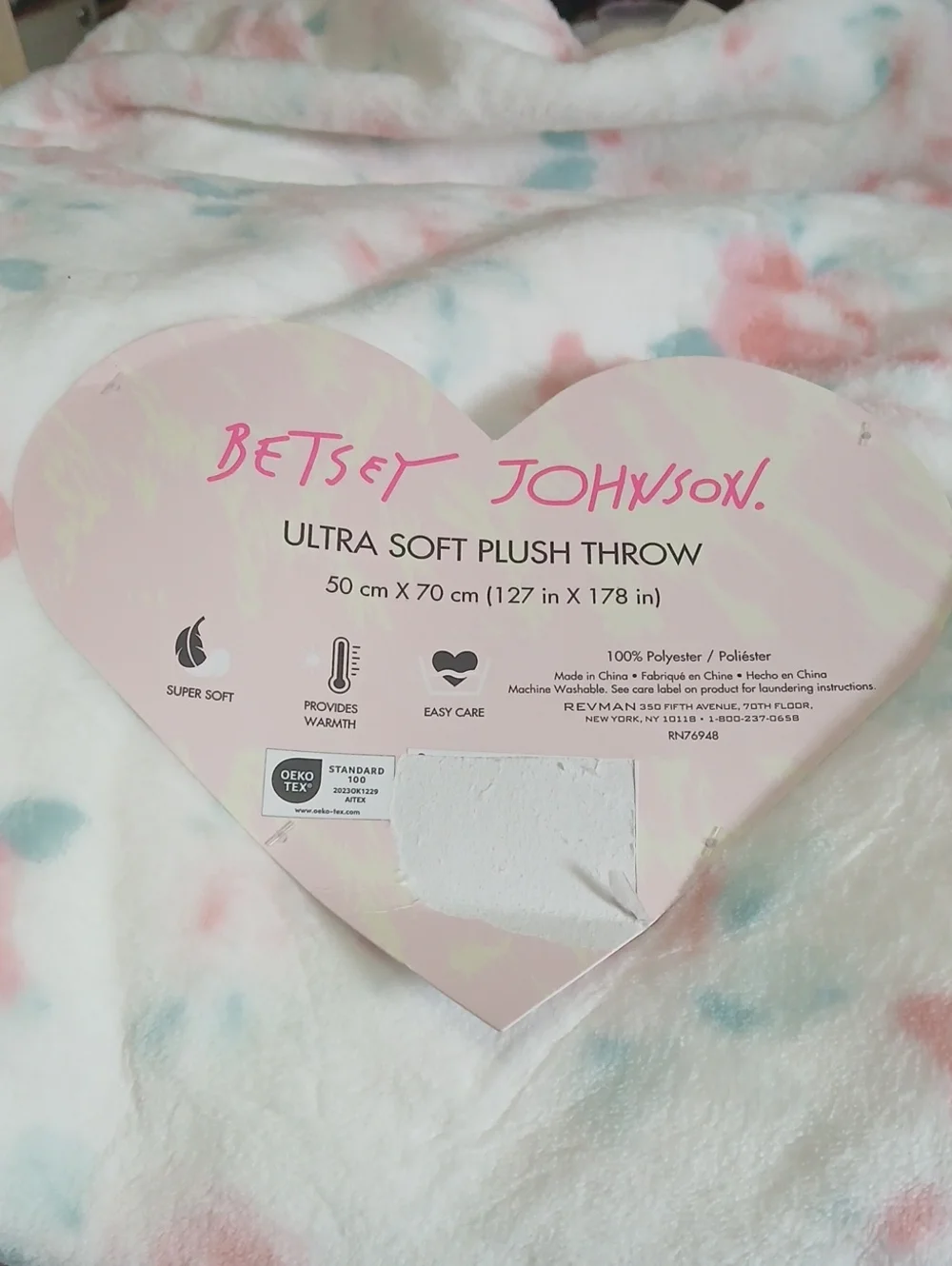 Betsey Johnson White Plush Throw with Pastel Pink & Pastel Blue Splatter
